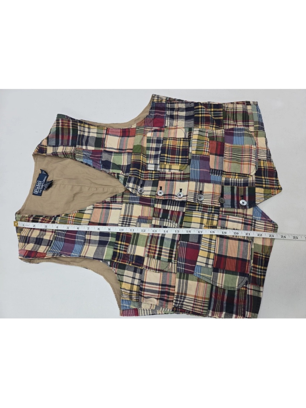 Polo Ralph Lauren India Madras Plaid Patchwork Vest Cinch Back Size L Mens - Picture 9 of 10